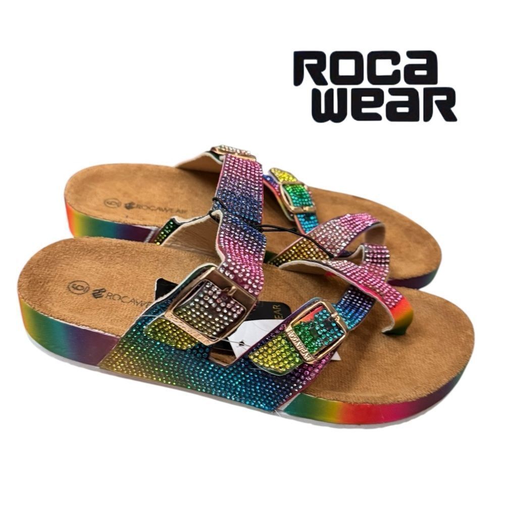 New Rocawear Women's Rainbow Multi-Hue Rhinestone Slide Double Buckle Sandals 6